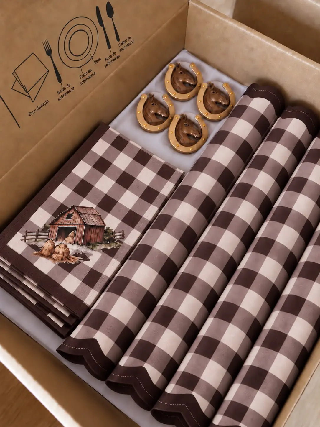 Kit de Mesa Posta Farm House Xadrez Marrom
