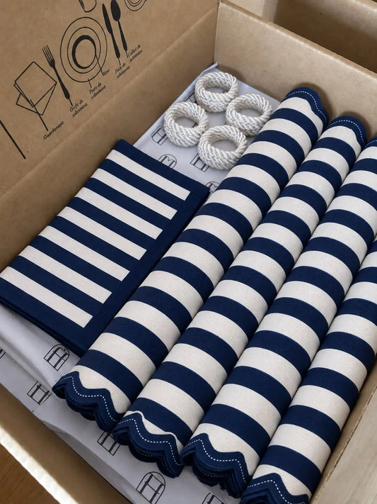 Kit de Mesa Posta Listras Azul Marinho - PG Clássico branco