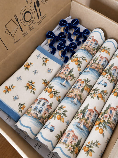 Kit de Mesa Posta Verão em Sorrento - PG laço azul marinho