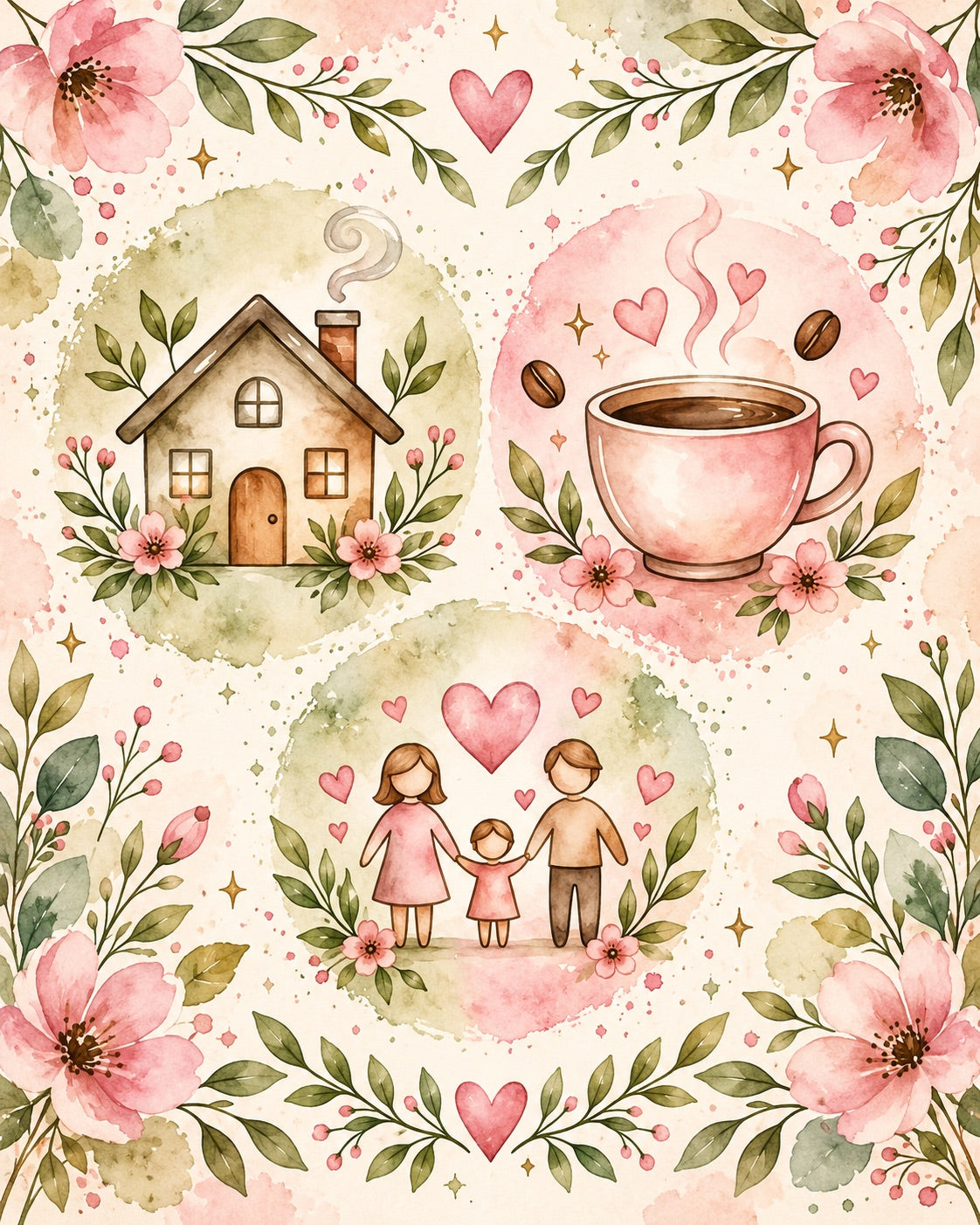 Ilustrações de casa, café e família.
