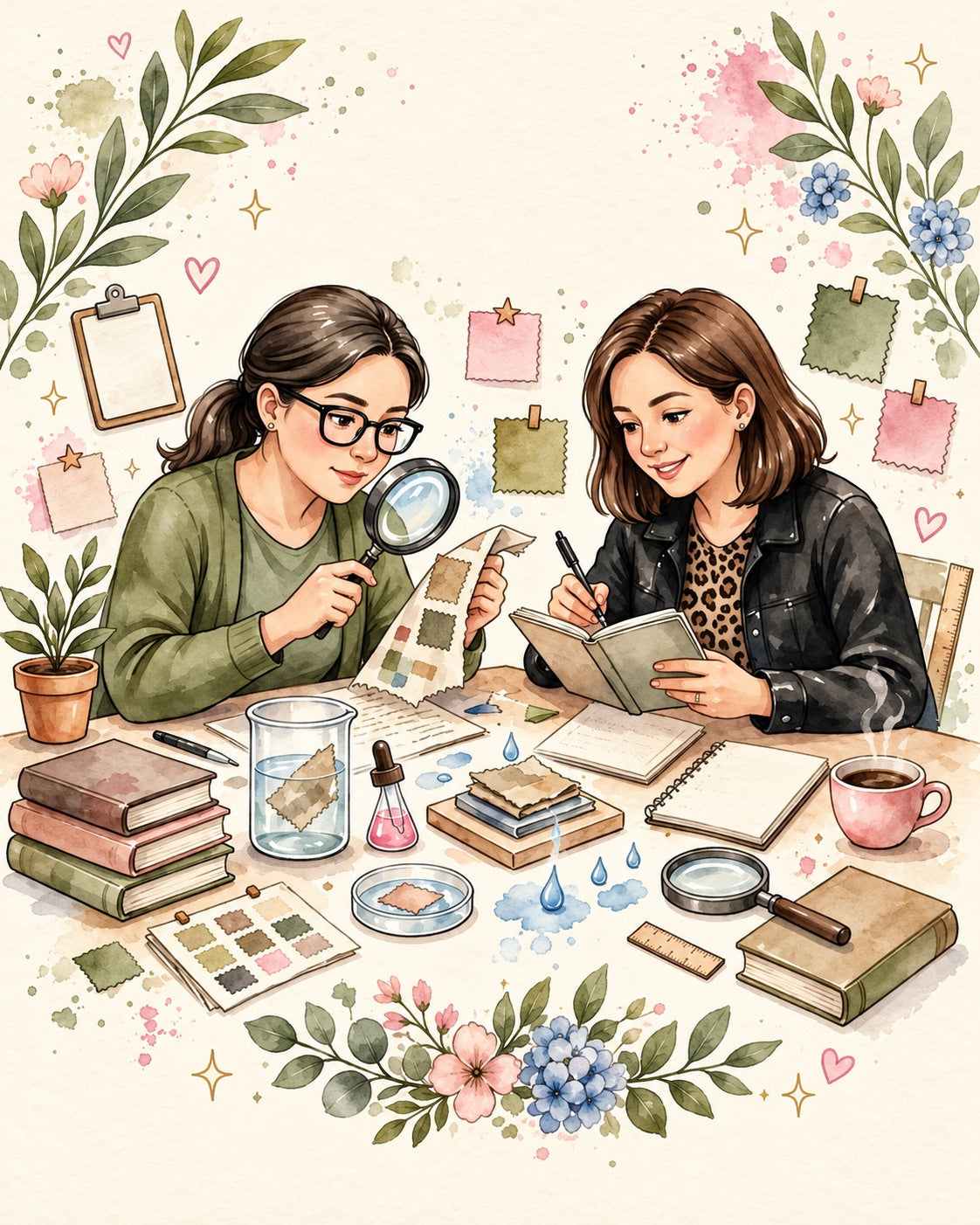 Lô e Gaby ilustradas estudando tecidos, cores e acabamentos.