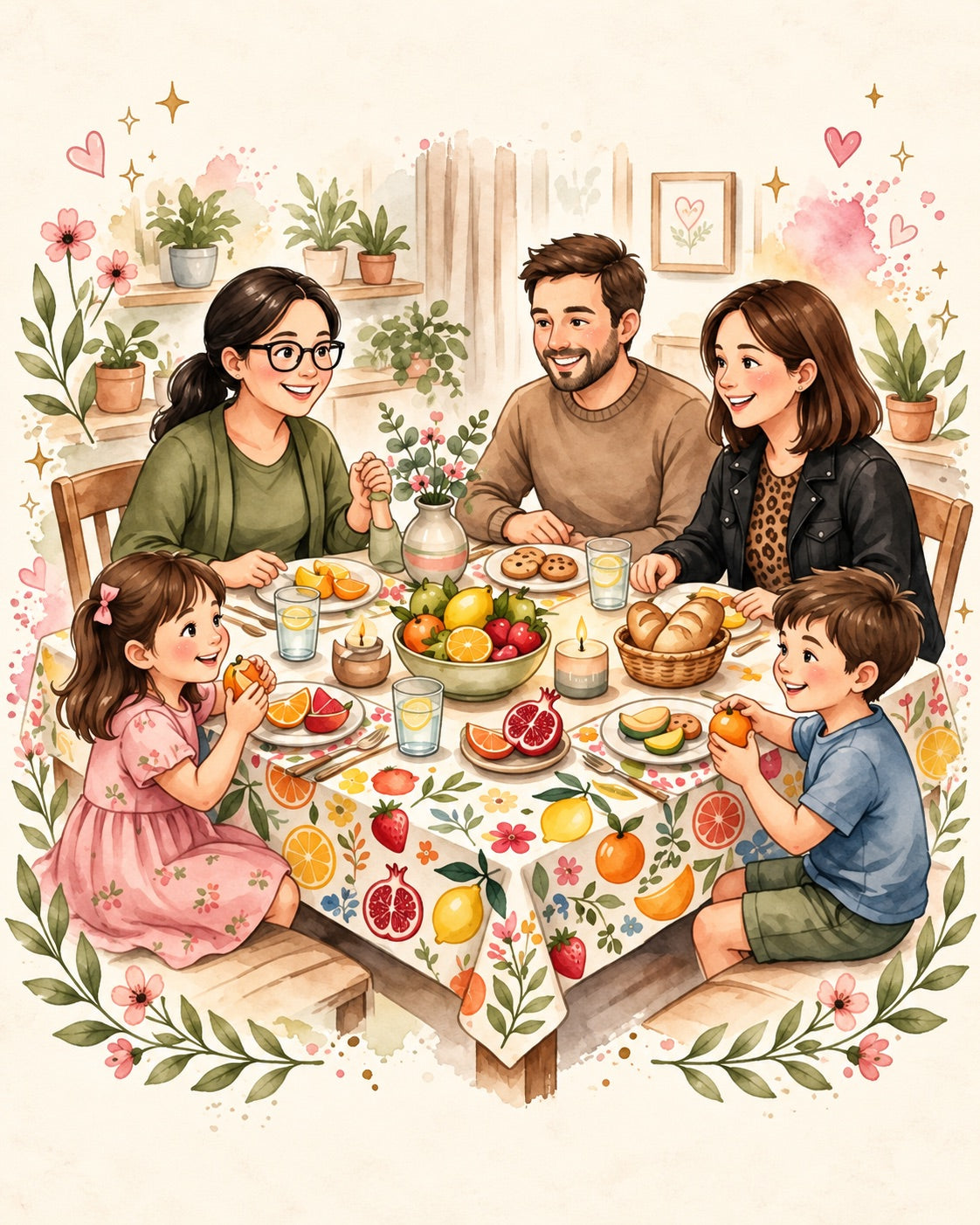 Ilustração de uma família reunida à mesa, compartilhando uma refeição.