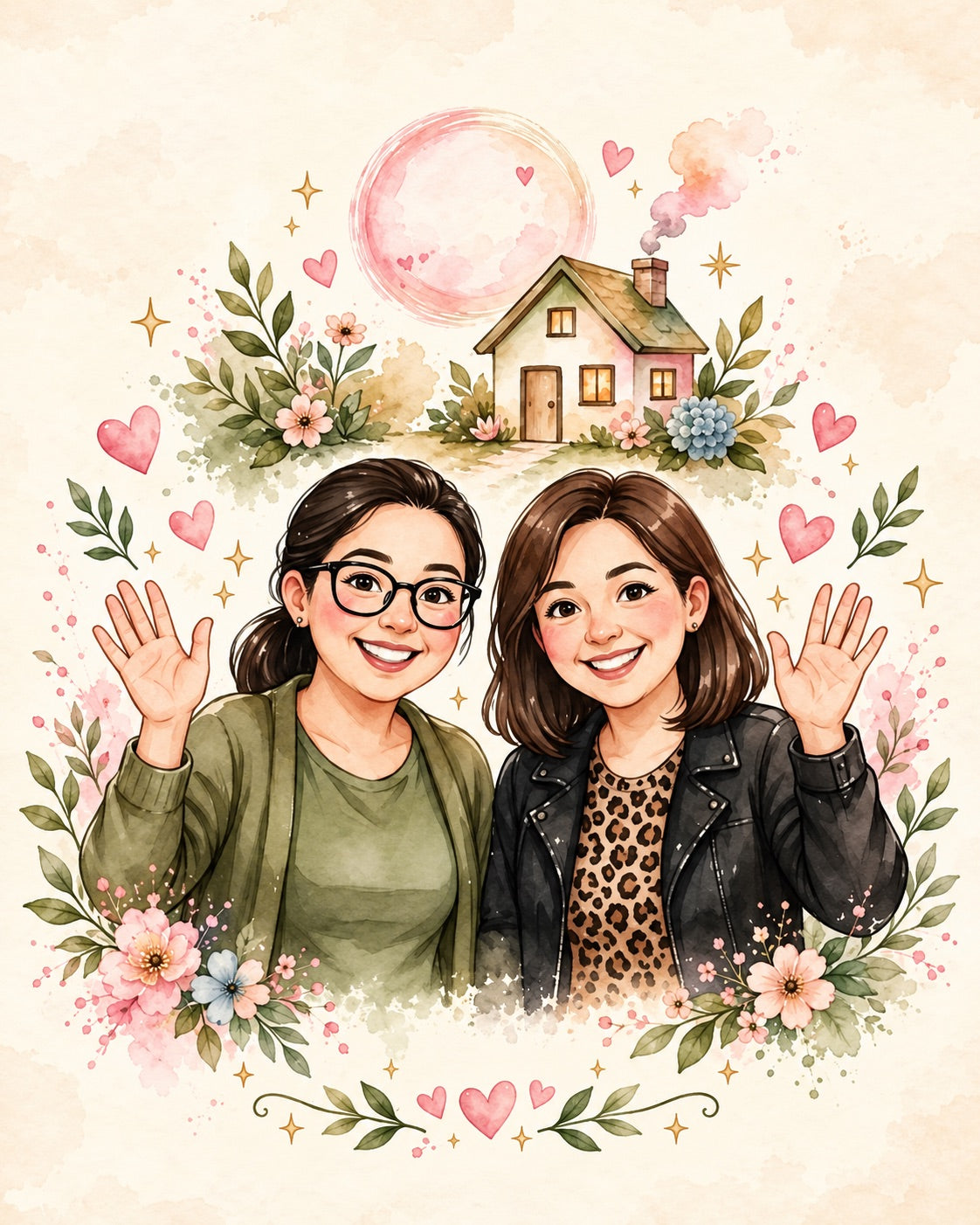 Lô e Gaby ilustradas acenando, cercadas por flores.