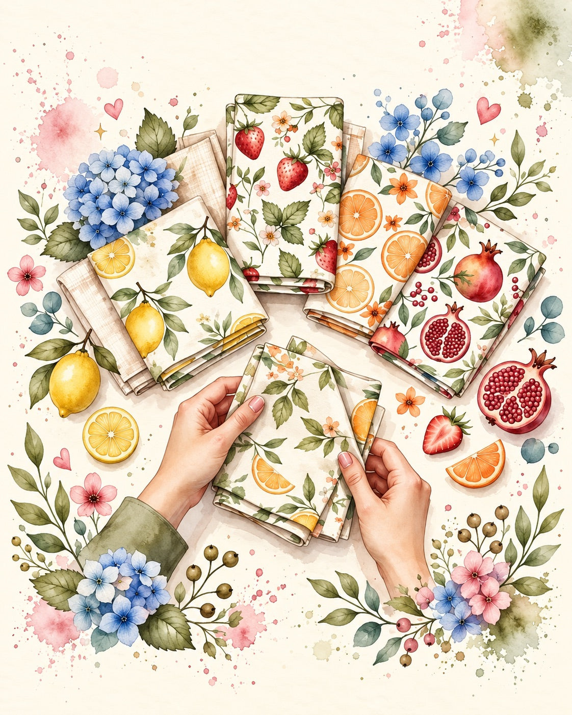 Peças ilustradas com estampas de frutas e flores, inspiradas na rotina das fundadoras.